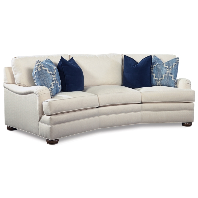 Curved Arm Beige Conversation Sofa with Blue Pillows