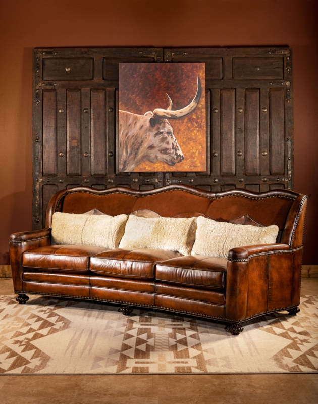 Curved Brown Full Grain Leather Western Style Sofa