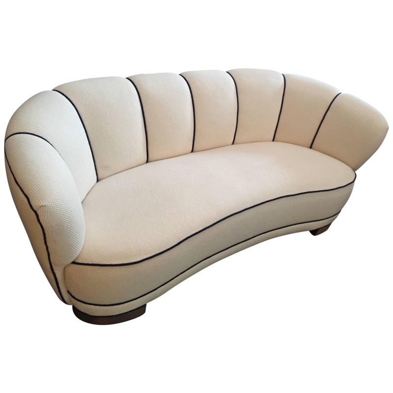 Curved Cream Art Deco Sofa with Black Piping