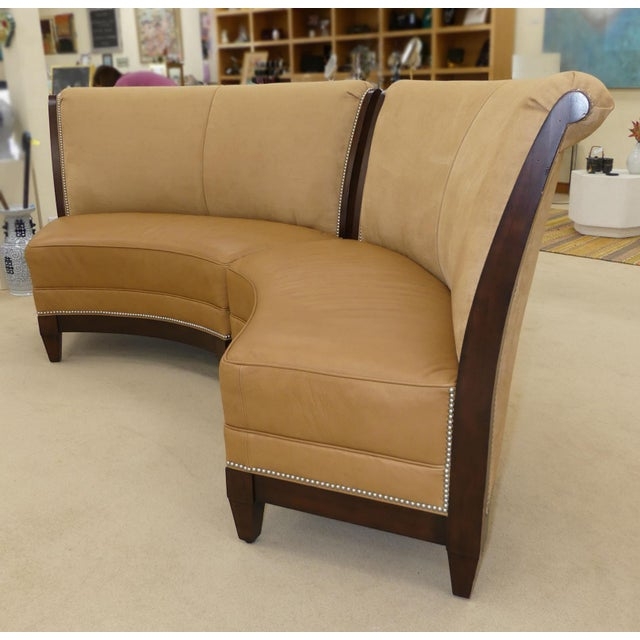 Curved Leather and Suede Dining Bench with Wood Trim
