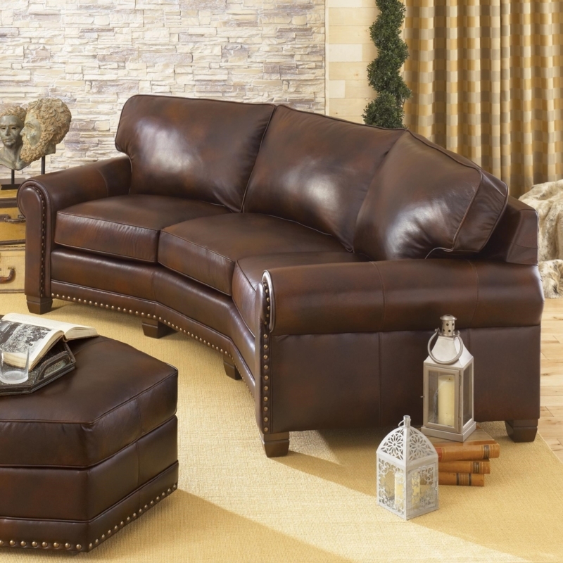 Curved Traditional Brown Leather Sofa with Nailhead Trim