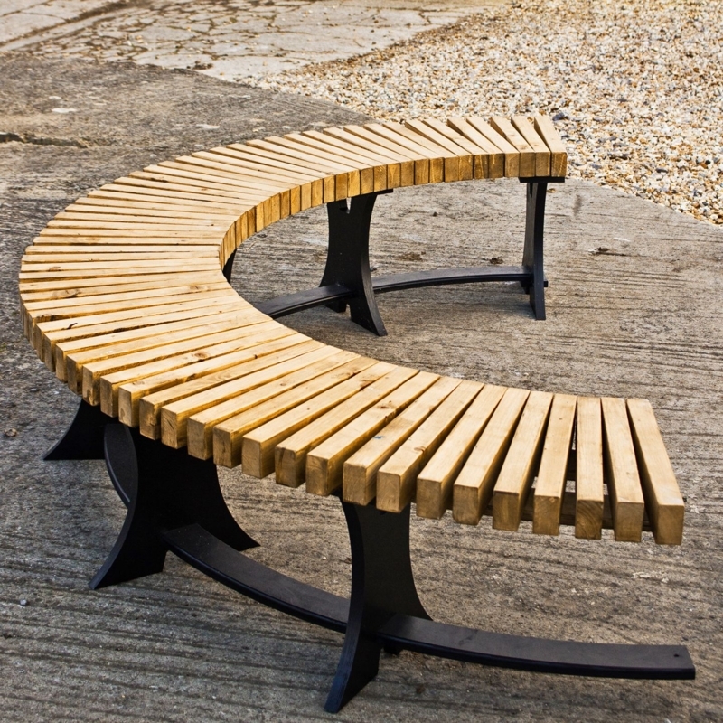 Curved Wooden Bench with Black Metal Frame
