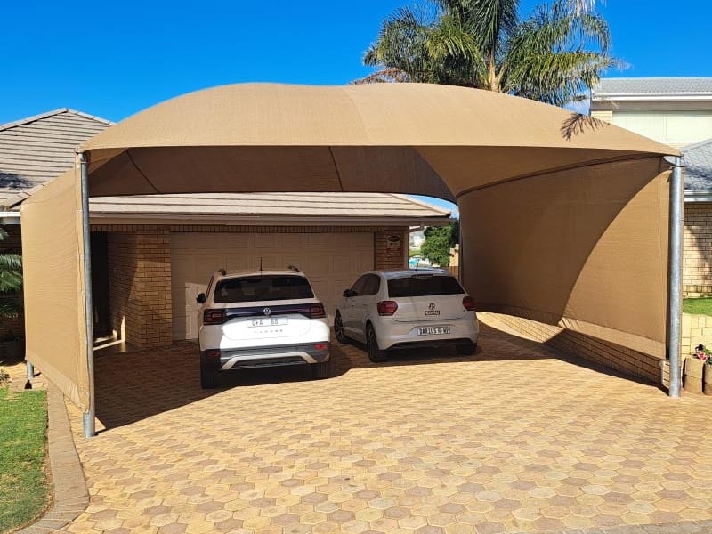 Custom Beige Fabric Carport Awnings and Blinds