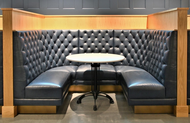 Custom Black Leather Booth Seating with Wood Accents