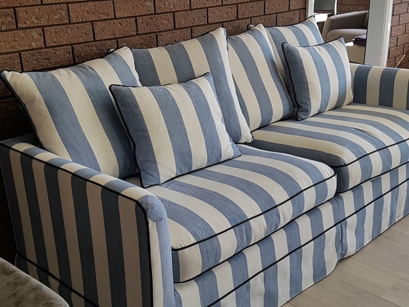 Custom Blue Denim and White Striped Sofa