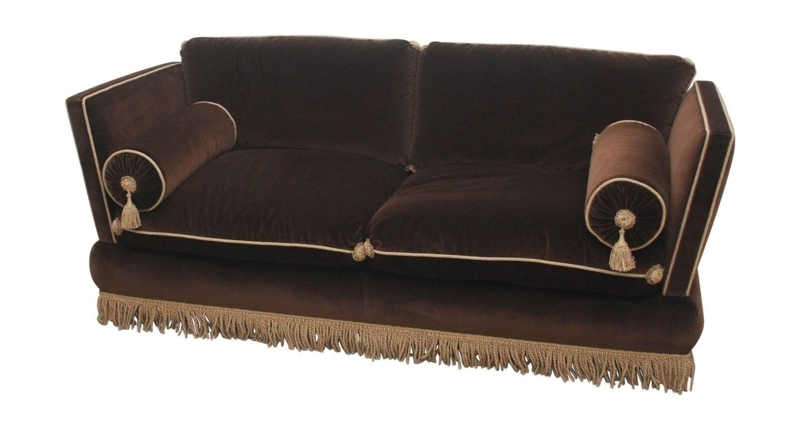 Custom Brown Velvet Sofa with Decorative Tassels