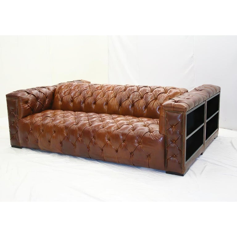 Custom Double-Sided Brown Leather Chesterfield Sofa