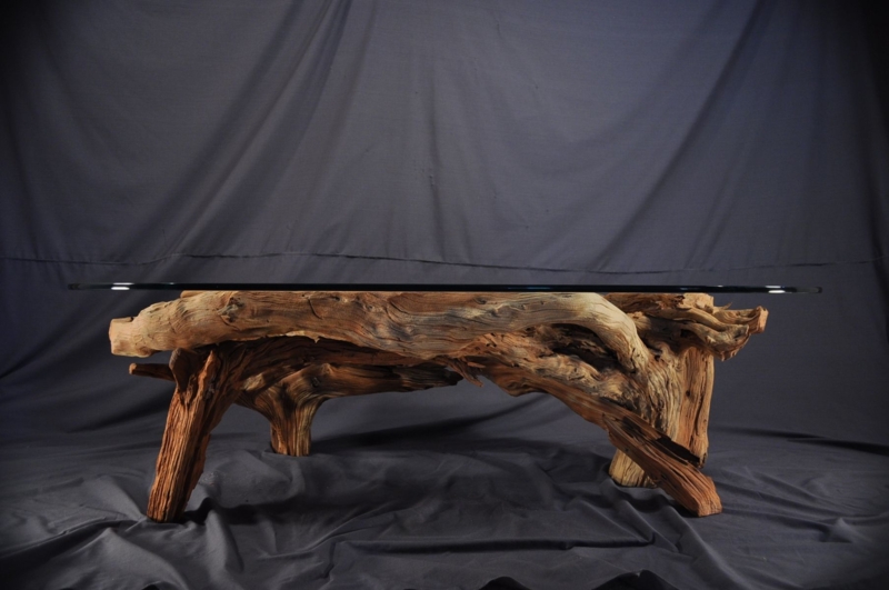 Custom Driftwood Coffee Table with Glass Top