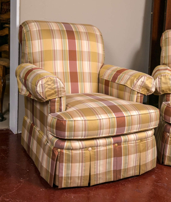 Custom Silk Upholstered Plaid Club Chair Design