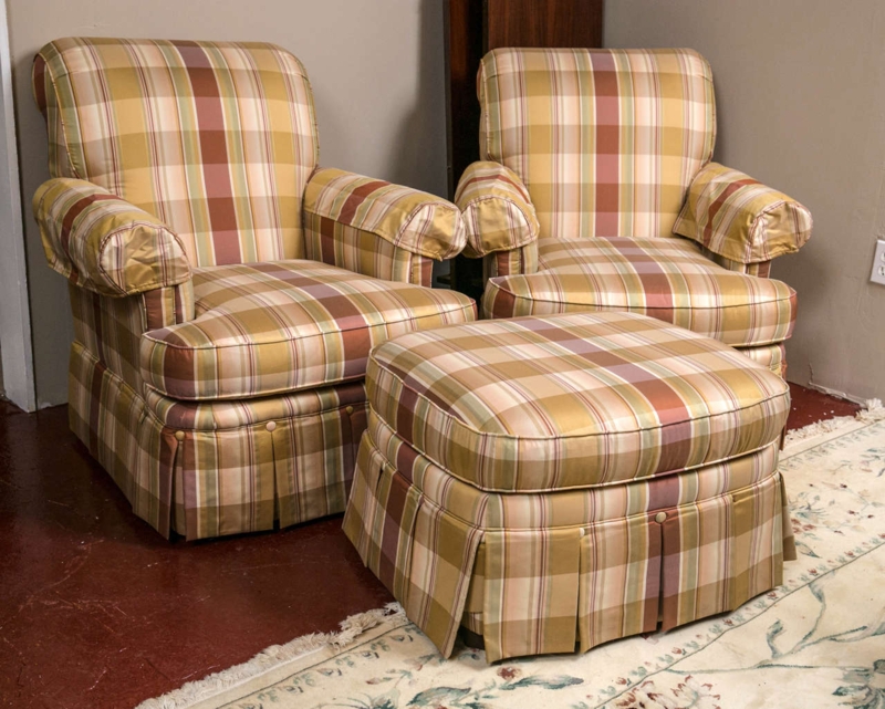 Custom Silk Upholstered Plaid Club Chairs with Ottoman