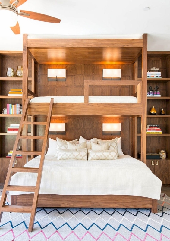 Custom Wooden Bunk Beds with Integrated Shelving