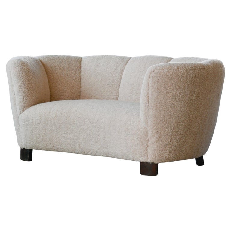 Danish 1940s Banana Shaped Curved Loveseat in Beige Lambswool at 1stDibs