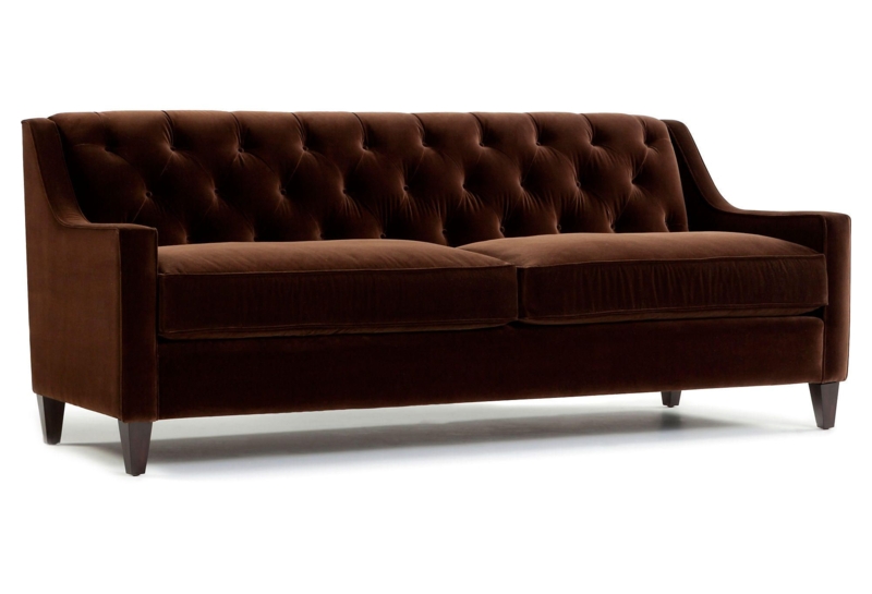Dark Brown Velvet Tufted Sofa with Wooden Legs