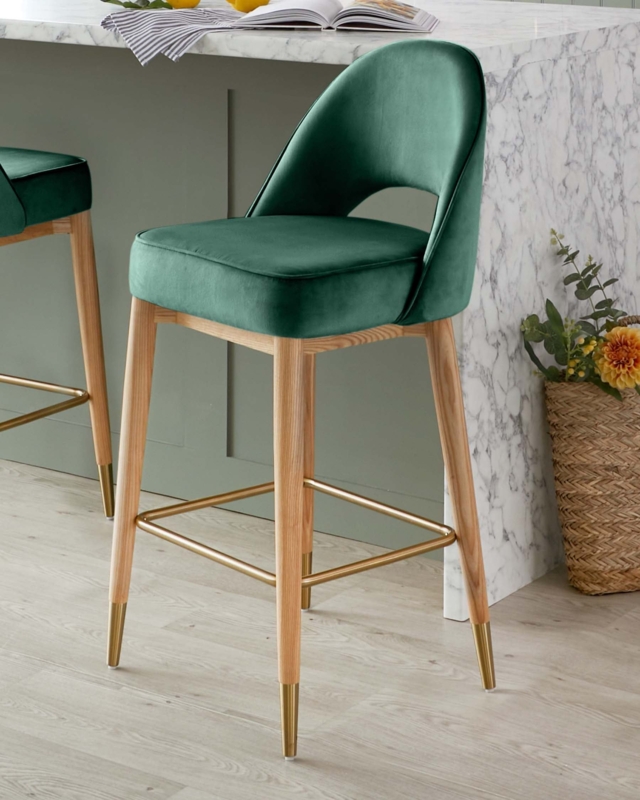 Dark Green Velvet Bar Stool with Light Wood Legs