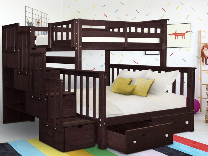 Dark Wood Twin Over Full Bunk Bed with Stair Storage