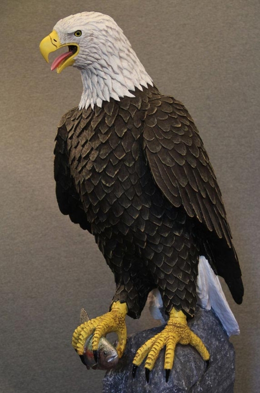 Detailed Carved Bald Eagle Wood Sculpture Art