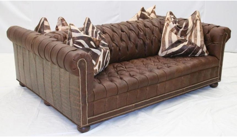 Double-Sided Tufted Brown Leather Sofa with Accent Pillows