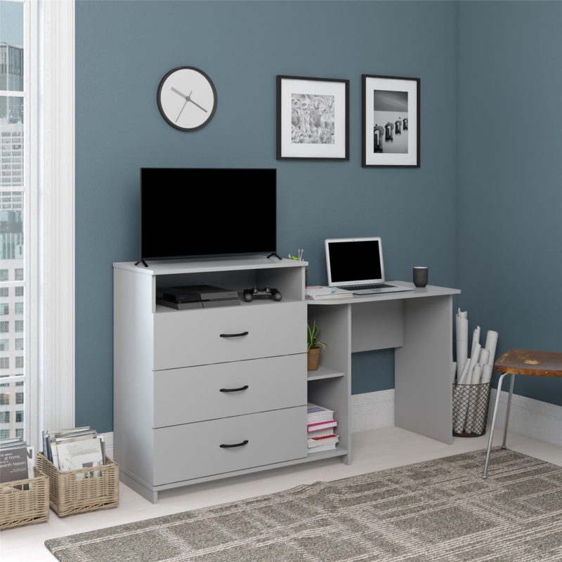 Dove Gray Multi-Functional Media Dresser Desk Combo