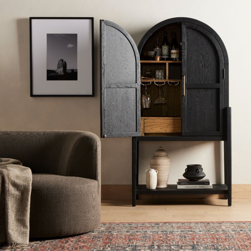 Drifted Black Oak Arched Bar Cabinet Design