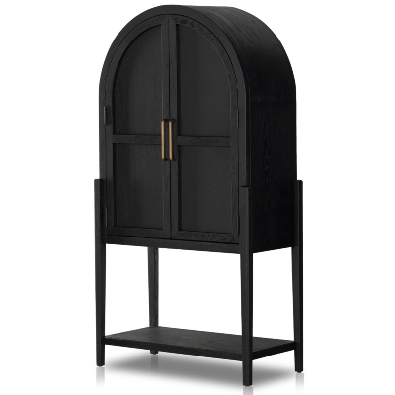 Drifted Black Oak Arched Bar Cabinet with Brass Handles