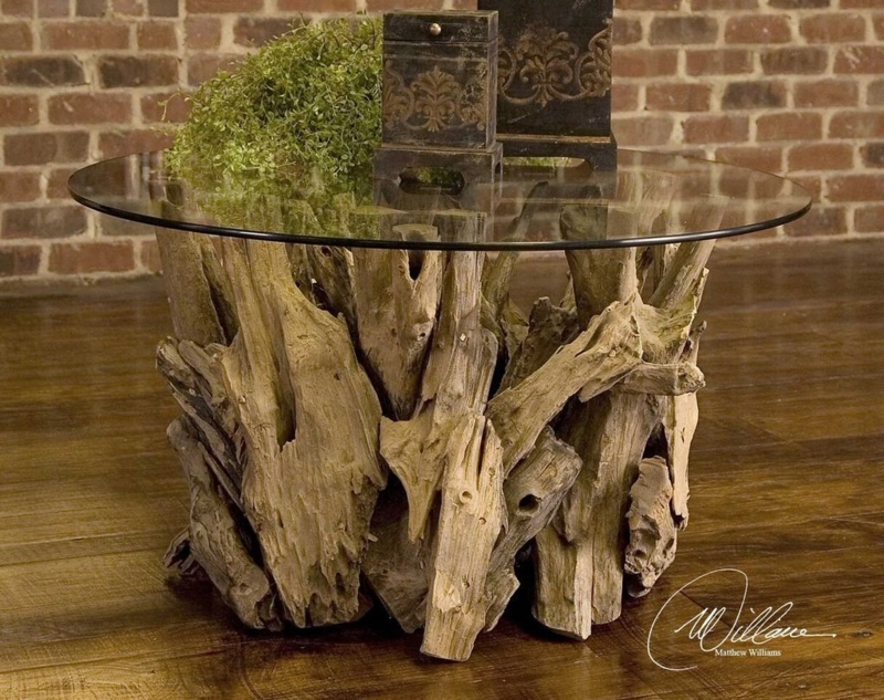 Driftwood Base Glass Top Coffee Table