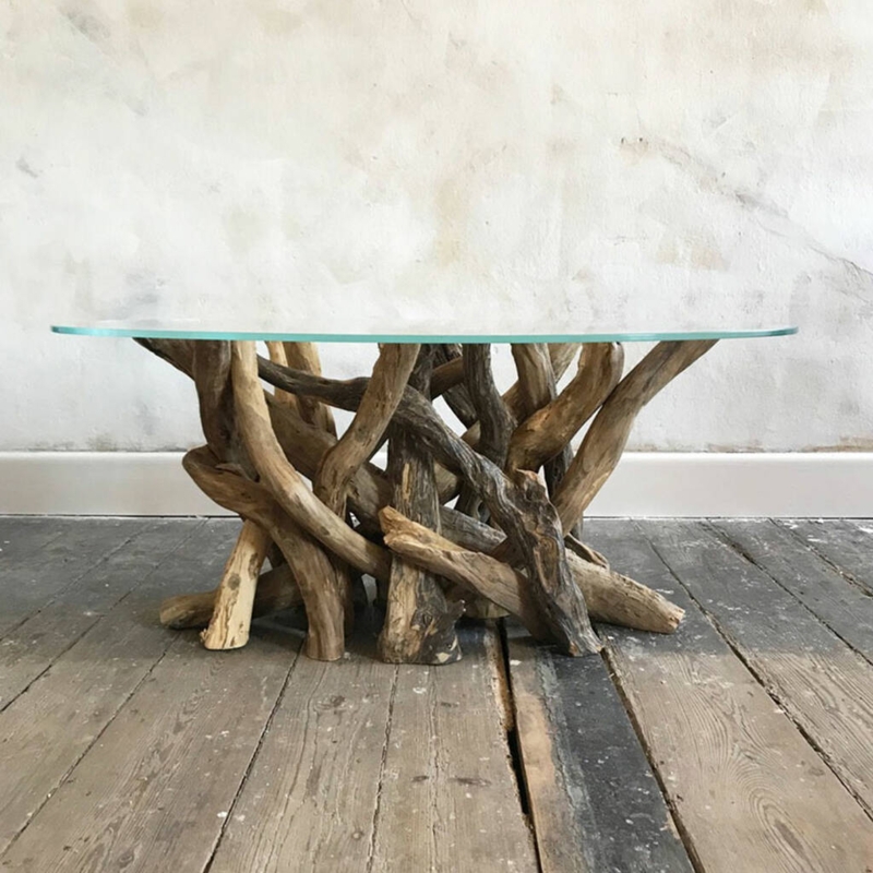 Driftwood Base Oval Glass Coffee Table Design