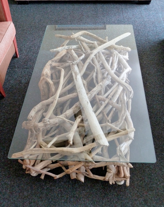 Driftwood Coffee Table with Clear Glass Top