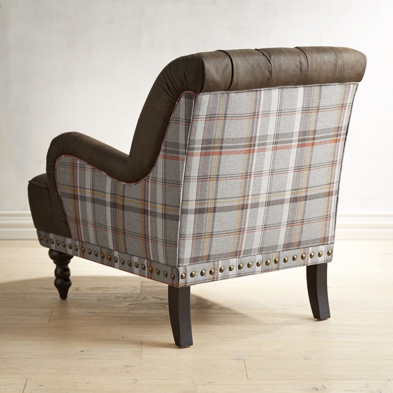 Earth Brown Plaid Accent Armchair with Nailhead Trim