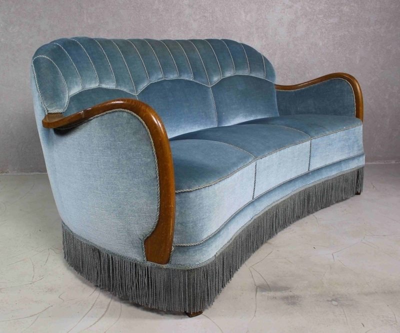 Elegant 1950s Vintage Blue Velvet Sofa