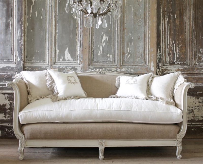 Elegant Antique French Country Sofa with Neutral Cushions