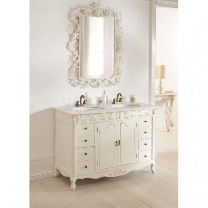 Elegant Antique White Bathroom Vanity and Mirror