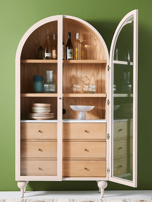 Elegant Arched Glass Cabinet with Natural Wood Finish