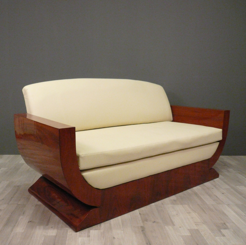 Elegant Art Deco Wooden Frame Sofa with Cream Upholstery