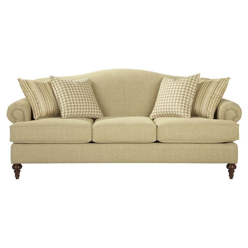 Elegant Beige Camelback Sofa with Patterned Cushions