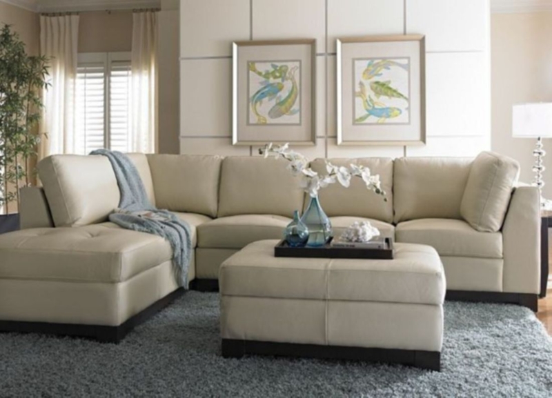 Elegant Beige Leather Sectional Sofa Living Room