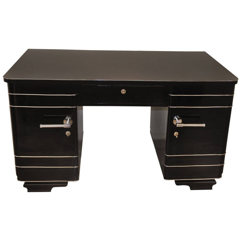 Elegant Black American Art Deco Desk with Chrome Details