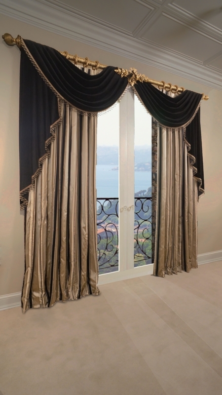 Elegant Black and Gold Drapery with Ornate Trim