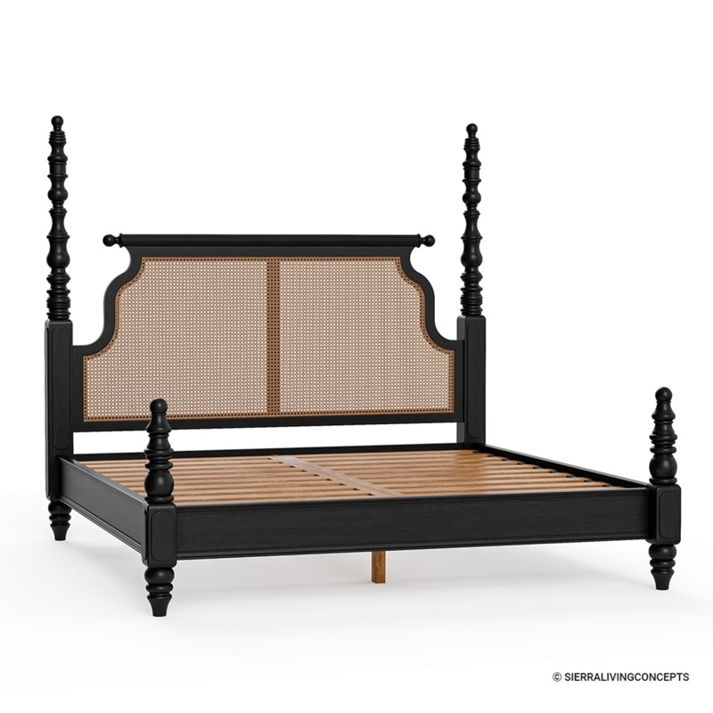 Elegant Black Four Poster Bed with Woven Headboard