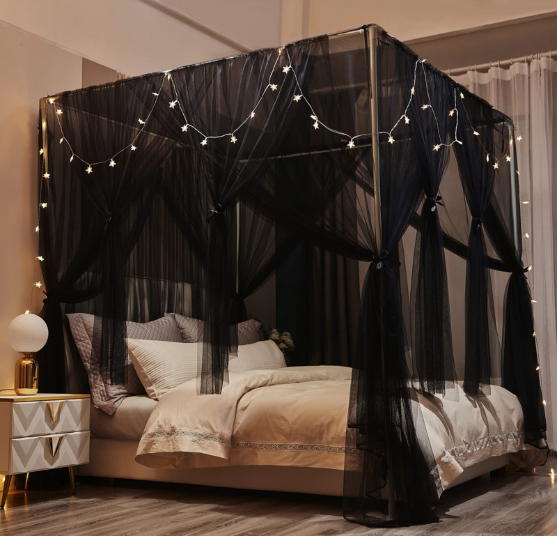 Elegant Black Four Poster Canopy Bed Curtains