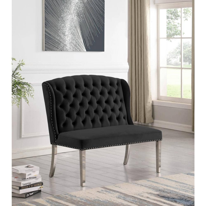 Elegant Black Upholstered Dining Bench with Back