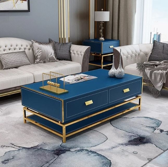 Elegant Blue and Gold Rectangular Coffee Table