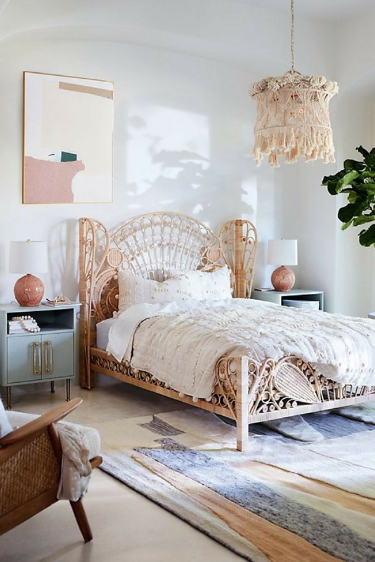 Elegant Boho Rattan Bed Frame with Cozy Decor