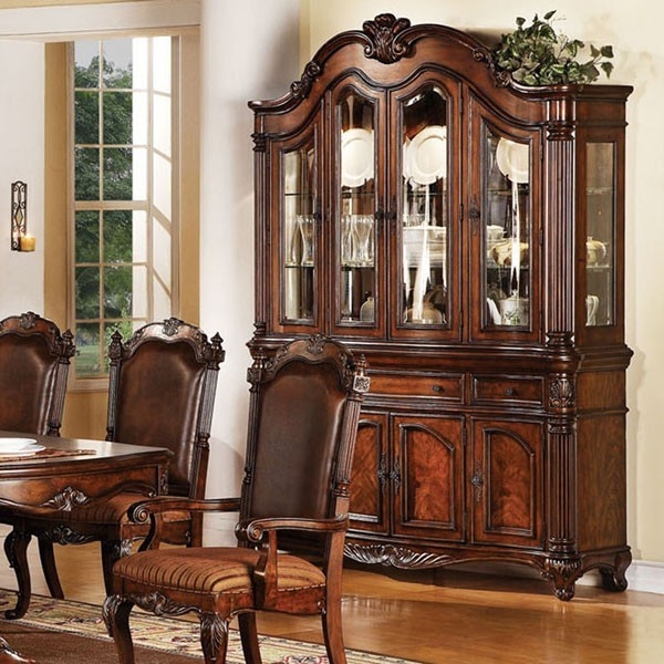 Elegant Brown Cherry Wood Hutch Buffet Dining Room
