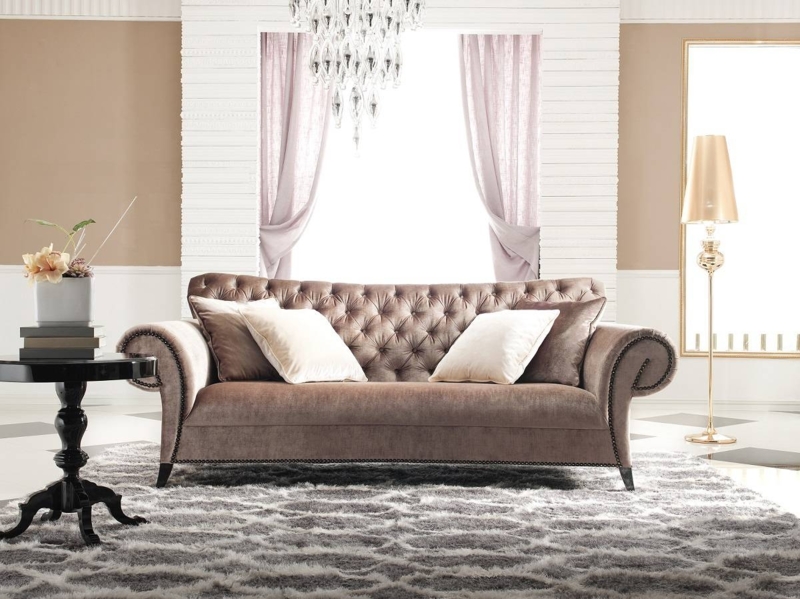 Elegant Brown Velvet Sofa with Classic Tufting