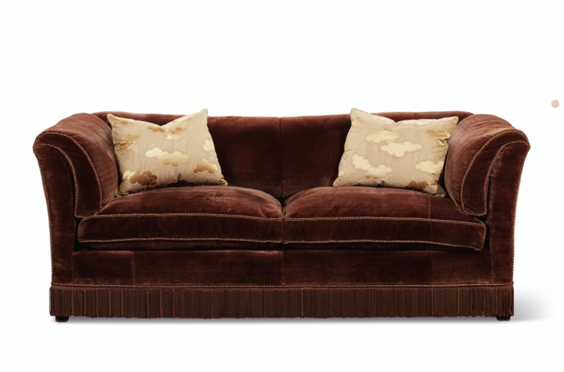 Elegant Brown Velvet Two-Seat Sofa with Cushions