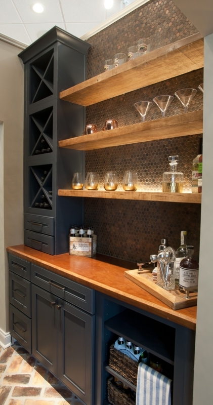 Elegant Butler Pantry with Open Shelving and Dark Cabinets