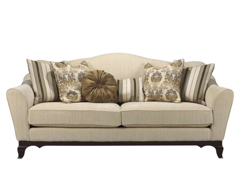Elegant Camel Back Sofa with Mixed Pattern Pillows