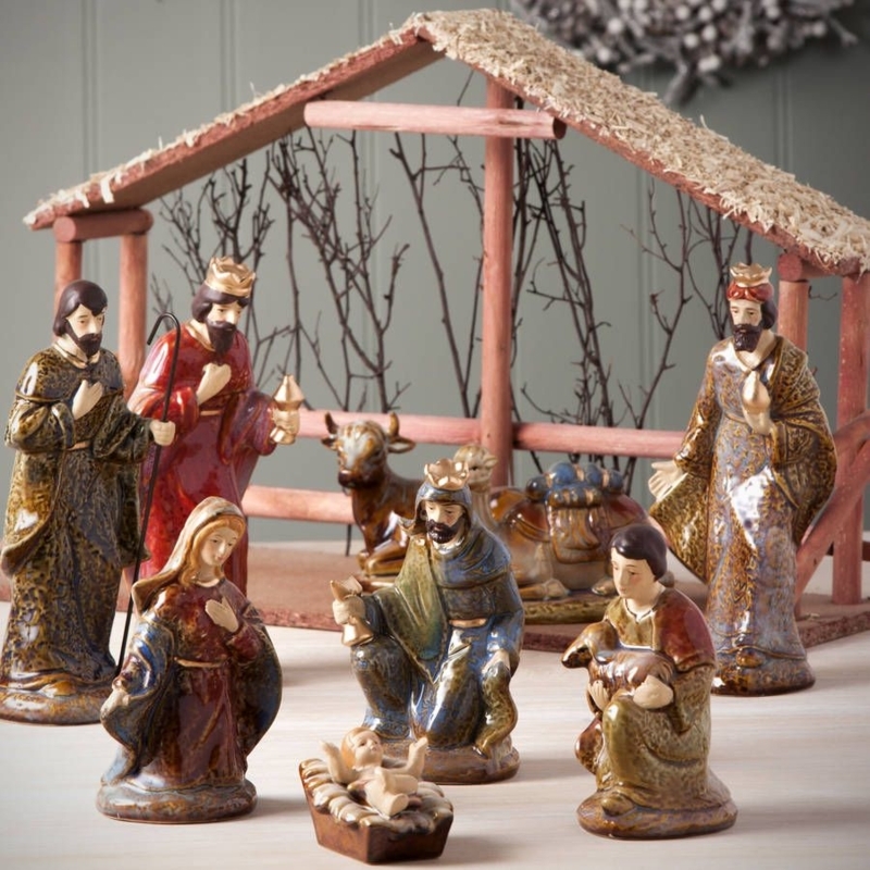 Elegant Ceramic Nativity Set with Rustic Stable