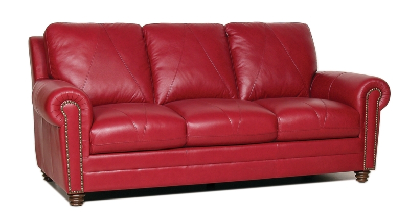 Elegant Cherry Red Leather Sofa with Nailhead Trim