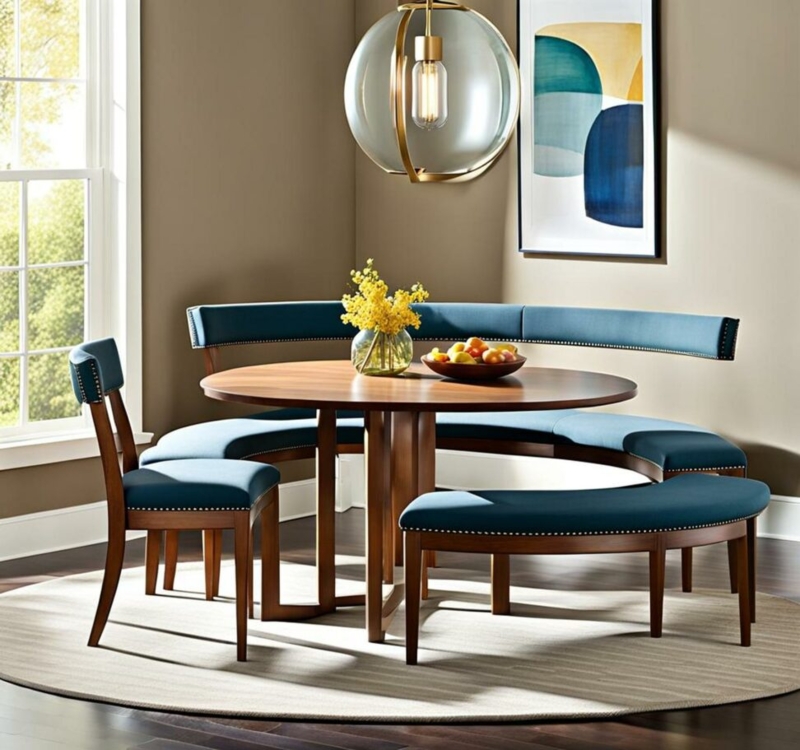 Elegant Curved Bench with Round Dining Table Design